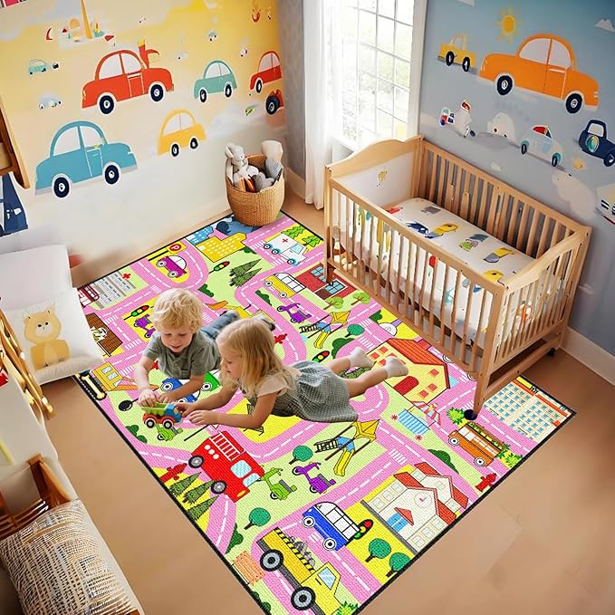 Car Rugs for Kids Toy Cars - Car Track Rug Car Carpet for Kids Rugs for Playroom City Life Road Rug for Girls Living Room Bedroom Playroom Classroom Decor, Pink, 2'5''×4'