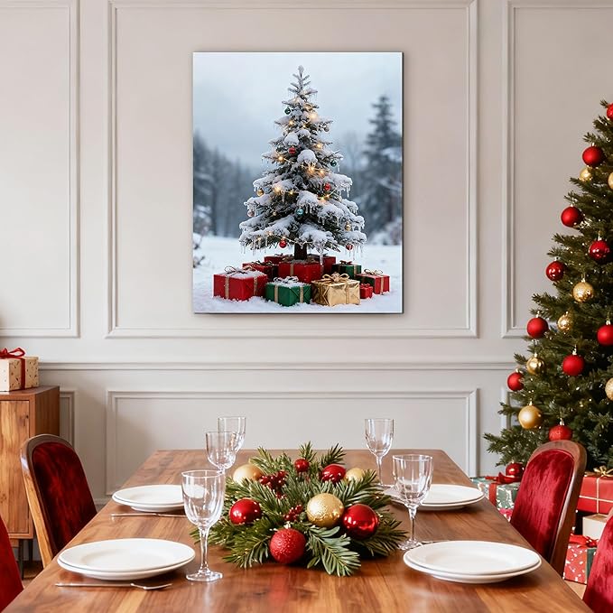 Framed Christmas Pictures Wall Decor,Vintage Pine Tree Prints,Winter Christmas Canvas Wall Art Decoration for Bedroom Bathroom Living Room Rustic Xmas Holiday Gifts (Christmas Tree 11, 24'' X 36'')