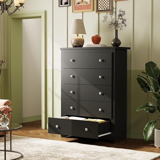 WLIVE Wood Dresser with 5 Drawers, Black Wooden Storage Cabinet, Organizer Drawers for Bedroom, Living Room, Hallway, Measuring 15.75" W * 31.50" D * 45.35" H ﻿