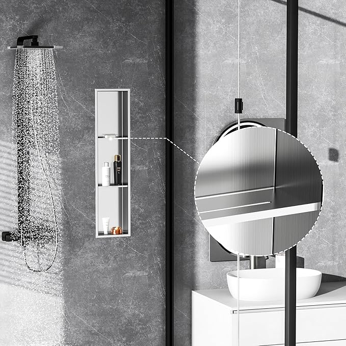 Stainless Steel Shower Niche 8" X 36", No Tile Needed Wall Niche Three-Tier, Recessed Shower Shelf for Bathroom Storage, Brushed Nickel
