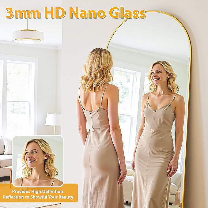 Full Length Mirror, 76"x44" Oversized Floor Mirror Freestanding, Full Body Mirror Floor Standing Mirrors with Stand, Hanging Mounted Mirrors for Bedroom Living Room, Gold, Arched Style