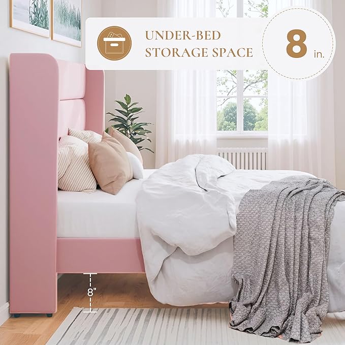 SHA CERLIN Full Size Velvet Bed Frame/Vertical Channel Tufted Wingback Headboard/Upholstered Platform Bed with Wooden Slats/Mattress Foundation/No Box Spring Needed/Easy Assembly/Pink