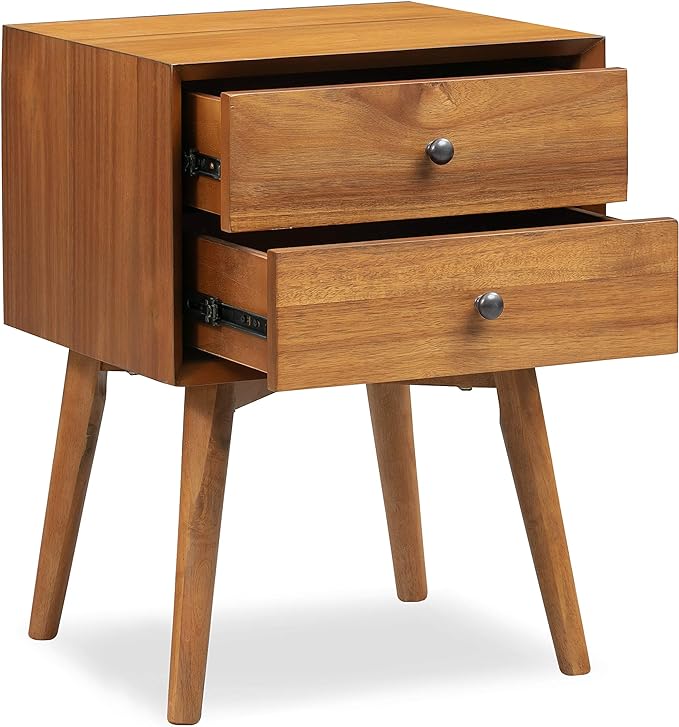 Edgemod Mid-Century Modern Nightstand – Solid Wood Bedside Table with 2 Drawers, Acorn Walnut Finish, 23.5" Tall