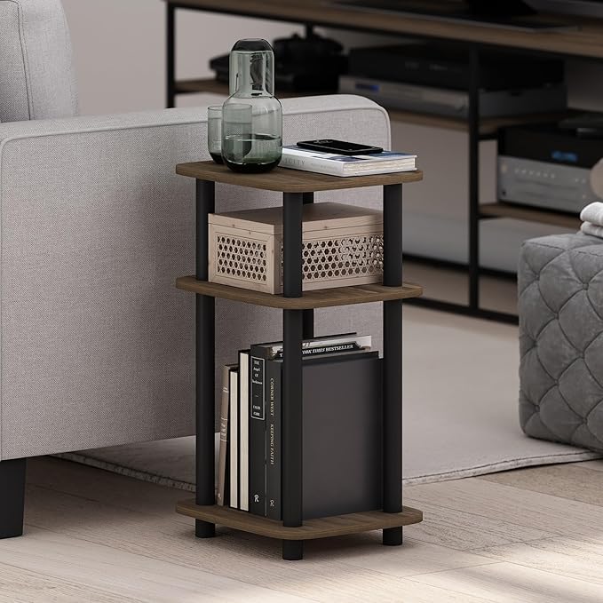 Furinno Just 3-Tier Turn-N-Tube Curve End Table, Side Table, 1-Pack, Columbia Walnut/Black