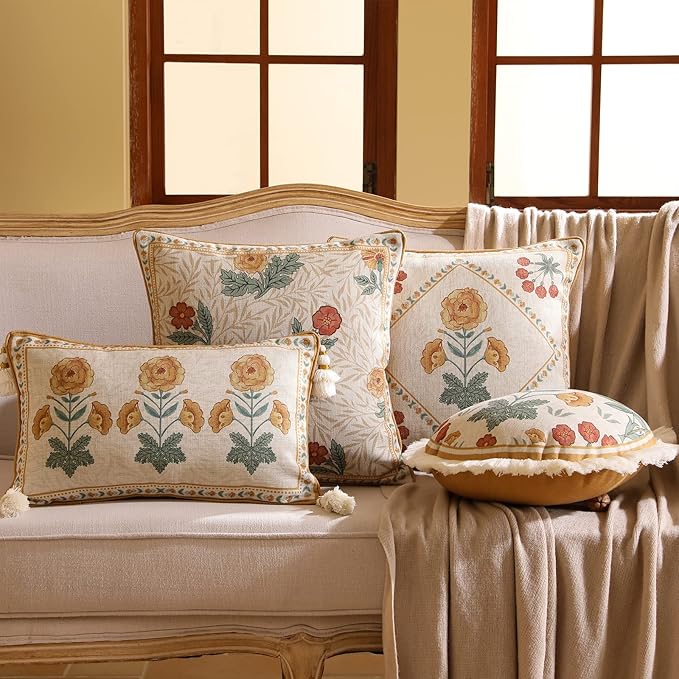 patdrea Designer Throw Pillow Covers for Couch 18"x18",Vintage French Linen Pillows Cover with Daisy Floral Pattern,Beige Soft Farmhouse Decorative Square Cushion for Bed,Living Room,Set of 2