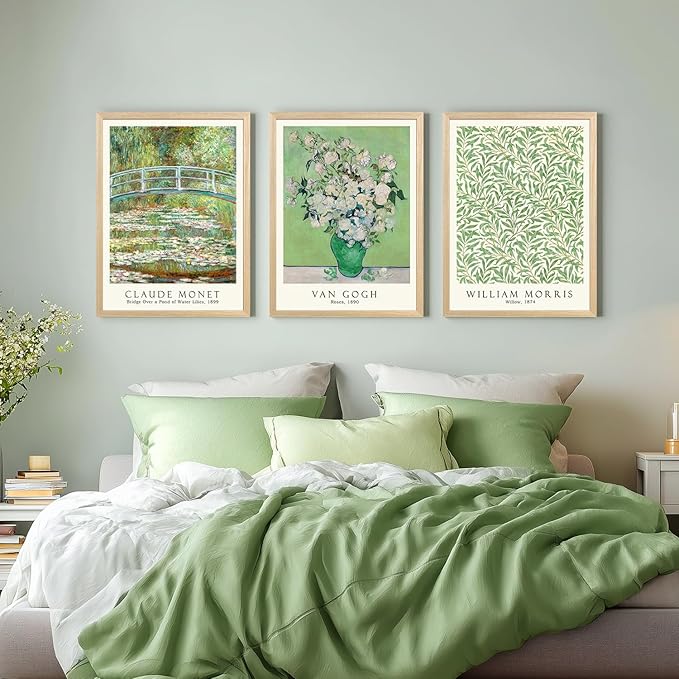 FASWQ Wood Framed Monet Van Gogh William Morris Wall Art, Grass Botanical Wall Decor, Mid Century Impressionist Canvas Paintings, Modern Green Landscape Poster Print for Living Room Bedroom 16"x24"x3