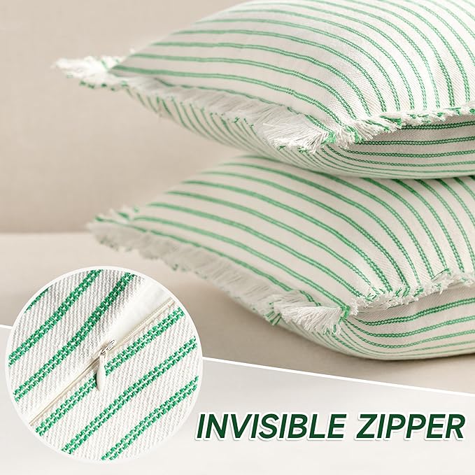ZWJD Throw Pillow Covers 24x24 Set of 2 Green Striped Pillow Covers with Fringe Chic Cotton Decorative Pillows Square Cushion Covers for Sofa Couch Bed Living Room Farmhouse Home Decor