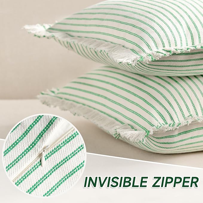 ZWJD Throw Pillow Covers 18x18 Set of 2 Green Striped Pillow Covers with Fringe Chic Cotton Decorative Pillows Square Cushion Covers for Sofa Couch Bed Living Room Farmhouse Spring Decor