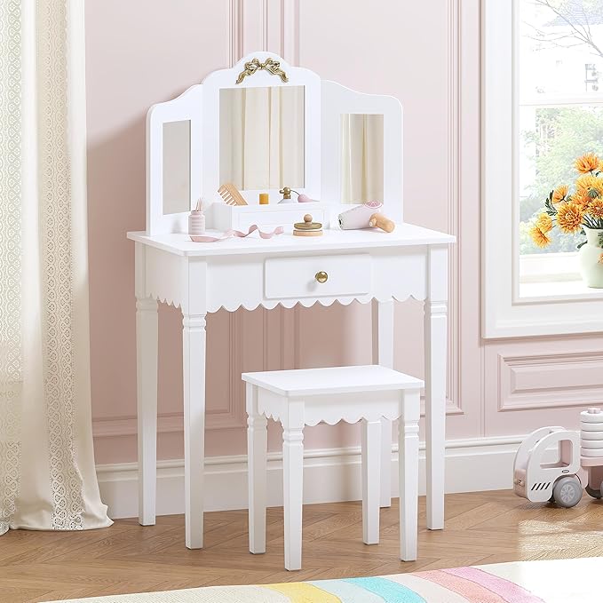 Spirich Pretend Play Kids Vanity Set with Mirror and Stool, Kids Make Up Vanity Desk for Little Girls, Children Makeup Dressing Table with Drawer
