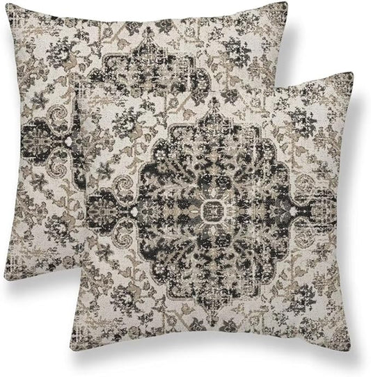 Boho Throw Pillow Covers 22x22 Set of 2, Black Brown Carpet Pattern Pillow Covers Ethnic Rustic Farmhouse Cushion Cases Linen Decorative Gifts for Couch Sofa Indoor Outdoor