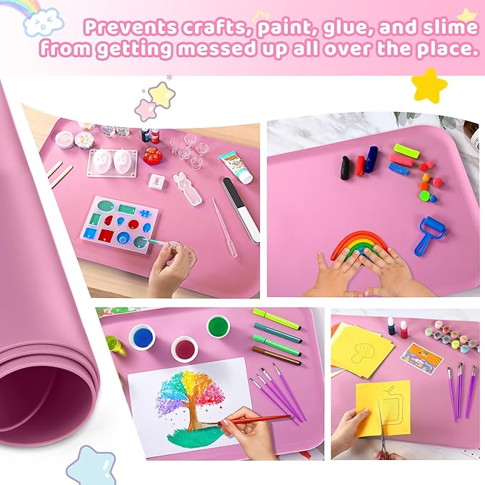 Silicone Craft Mats for Kids 24"x16"– with Raised Lip & Non-Slip | Reusable Silicone Art Mat for Play Sand, Painting, DIY Crafts | Durable Design (Pink)