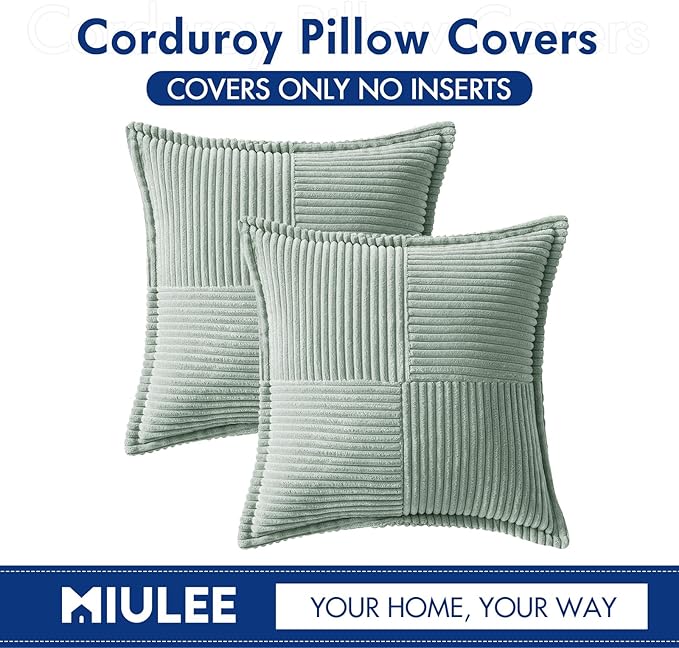 MIULEE Decorative Throw Pillow Covers for Couch Bed Livingroom 20x20 Inch Set of 2 Greyish Green Boho Accent Throw Pllows Broadside Striped Patchwork Soft Corduroy Summer Pillowcases