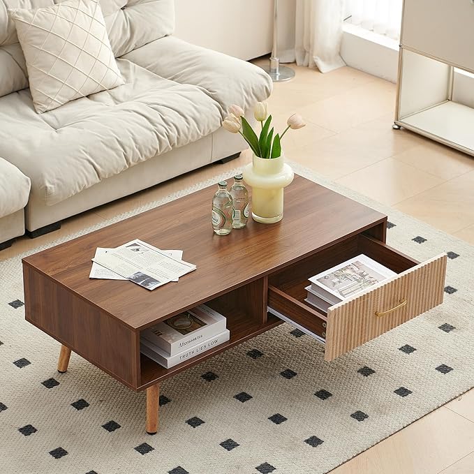 Mid Century Wooden Coffee Table with Stripe Drawer，Modern 41" Large Center Table with Storage，Rectangular Walnut Wood Coffee Tables for Living Room, 2-Tier Cocktail Table, Solid Wood Legs