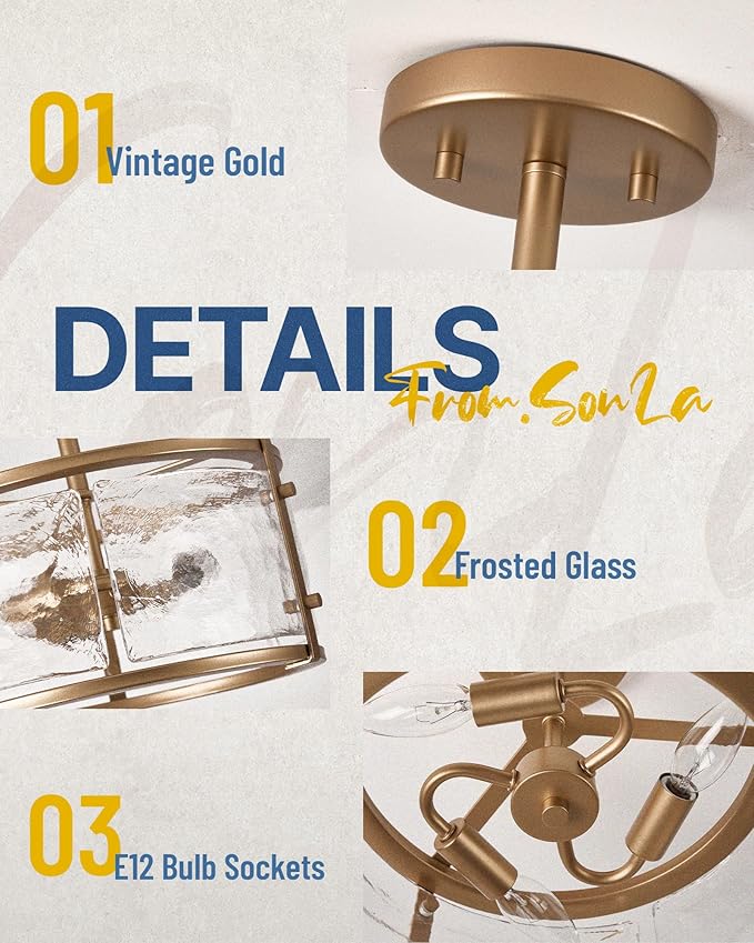 Gold Close to Ceiling Light - Semi Flush Mount Light Fixtures - 14inch Ceiling Light with Glass - E12 Brass Ceiling Light Fixture for Hallway Bedroom LivingRoom C2118-GD