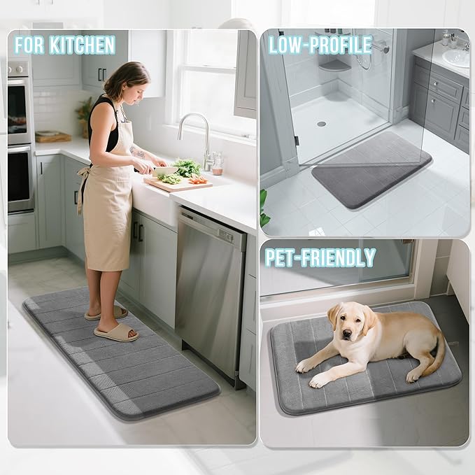 Yimobra Memory Foam Bath Mat, Super Soft Absorbent Bathroom Rug Non Slip 24x17 Inch, Quick Dry, Machine Washable Floor Carpet for Tub Shower, Home Decor Accessories, Gray