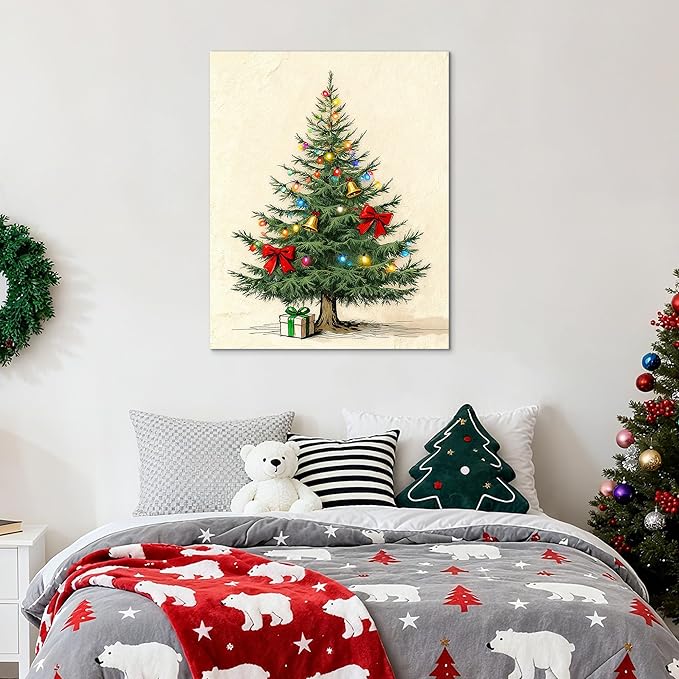 Framed Christmas Pictures Wall Decor,Vintage Pine Tree Prints,Winter Christmas Canvas Wall Art Decoration for Bedroom Bathroom Living Room Rustic Xmas Holiday Gifts (Christmas Tree 9, 11'' X 14'')