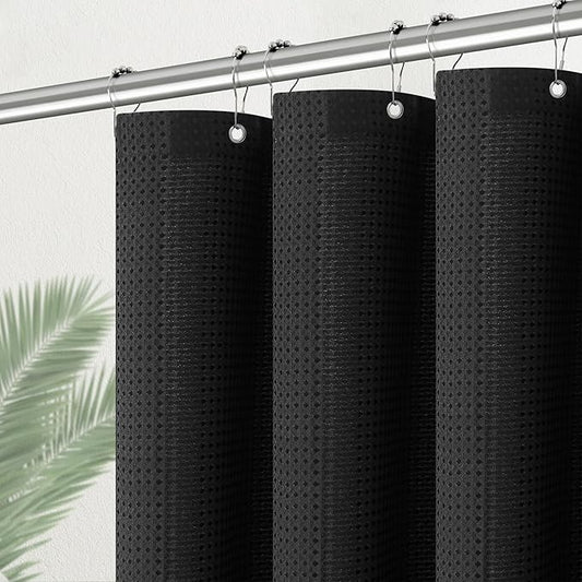 Black Stall Fabric Shower Curtain - Water Repellent Waffle Textured 256GSM Heavy Duty Cloth Shower Curtains for Bath Tubs, Narrow Size Hotel Quality with 6 Hooks, 36Wx72H