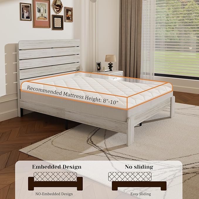 King Size Wooden Bed Frame with Headboard, Boho Platform Bedframe with Wood Slat Support, Sturdy and No Noise, Easy Assembly (Boho White, King)