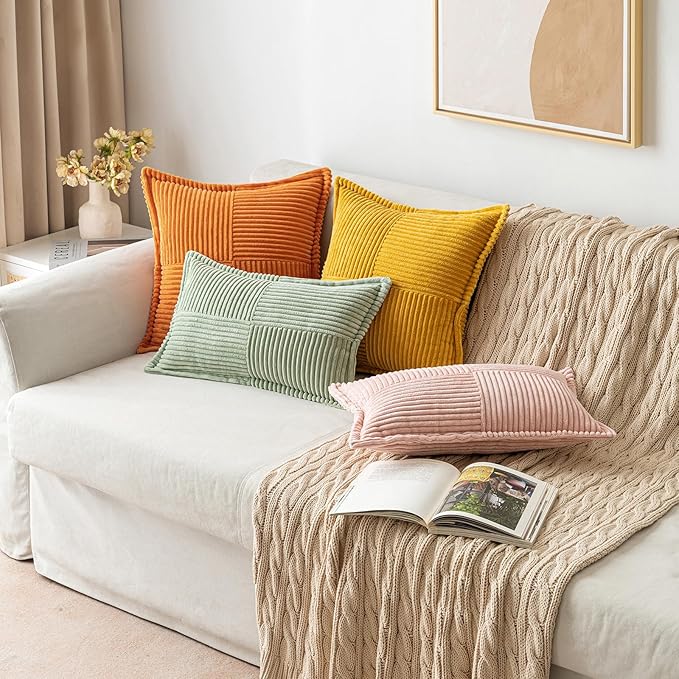 MIULEE Burnt Orange Fall Decorative Euro Sham Throw Pillow Covers for Couch Bed Livingroom 24x24 Inch Set of 2 Boho Accent Throw Pllows Broadside Striped Patchwork Soft Corduroy Pillowcases
