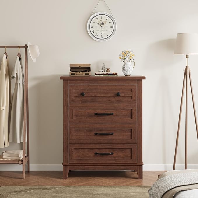 GarveeHome 4 Dresser for Bedroom, 34.8" Tall Vertical Drawer Dresser with Large Storage, Freestanding Wooden Closet Chest for Bedroom, Living Room, Walunt