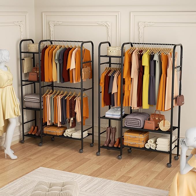 Portable Closets For Hanging Clothes,Wardrobe Closet Racks For Hanging Clothes,Sturdy Clothes Rack Heavy Duty,5-Tier Metal Freestanding Clothing Racks With Shelves, 45" X 16" X 69"