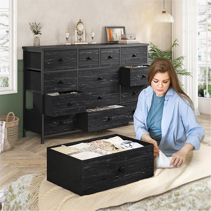 Black Dresser with 13 Fabric Dresser，Tv Stand for Bedroom for 40,50,55 inch Tv,Entertainment Center,Storage Drawers for Living Room, Hallway, Entryway 47.2" Wx 33" H X 11.8" D