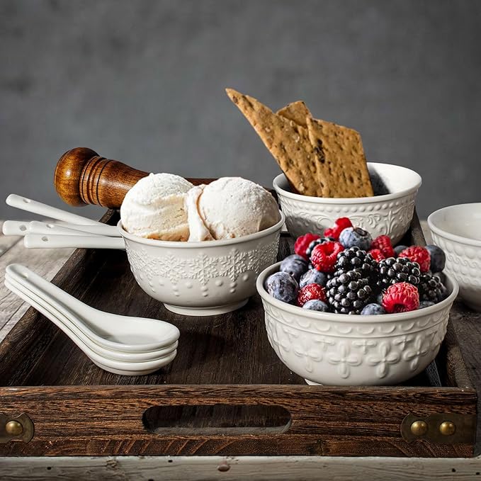 Small Ceramic Bowls - 14 Oz Ice Cream Bowls Set of 4, White Embossment Dessert Bowl for Kitchen, Soup, Side Dishes, Oatmeal, Rice, 4.75 Inch Microwave Oven Safe(Cross Floral)