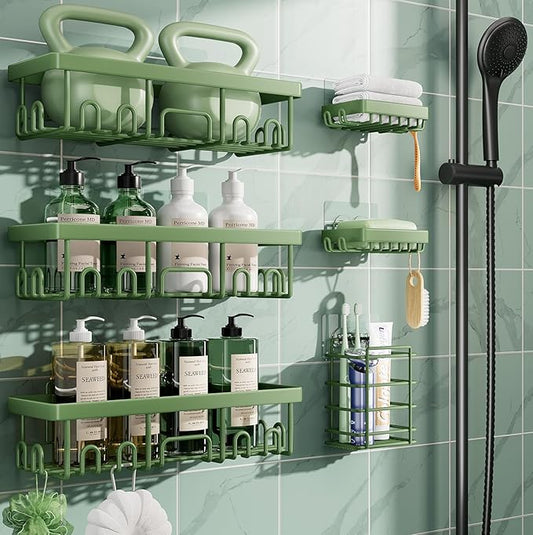Veken Rustproof & Waterproof Shower Caddy 6-Pack, No Drilling Adhesive Shelves Rack with Soap Holder, Large Capacity Bathroom Organizers and Storage, Wall-Mounted Kitchen & Home Decor