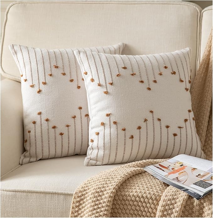 Caflife Boho Throw Pillow Covers 18x18 Set of 2 Decorative Pillows for Bed, Neutral Pillow Covers Beige with Brown Line Throw Pillows for Modern Farmhouse Couch Sofa Living Room Outdoor