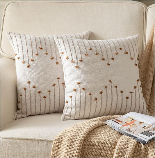 Caflife Boho Throw Pillow Covers 18x18 Set of 2 Decorative Pillows for Bed, Neutral Pillow Covers Beige with Brown Line Throw Pillows for Modern Farmhouse Couch Sofa Living Room Outdoor