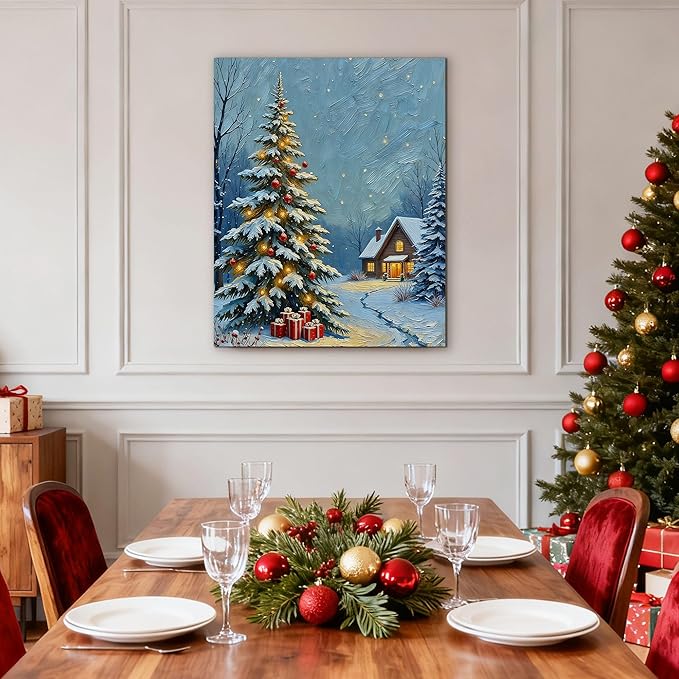 Framed Christmas Pictures Wall Decor,Vintage Pine Tree Prints,Winter Christmas Canvas Wall Art Decoration for Bedroom Bathroom Living Room Rustic Xmas Holiday Gifts (Christmas Tree 20, 24'' X 36'')