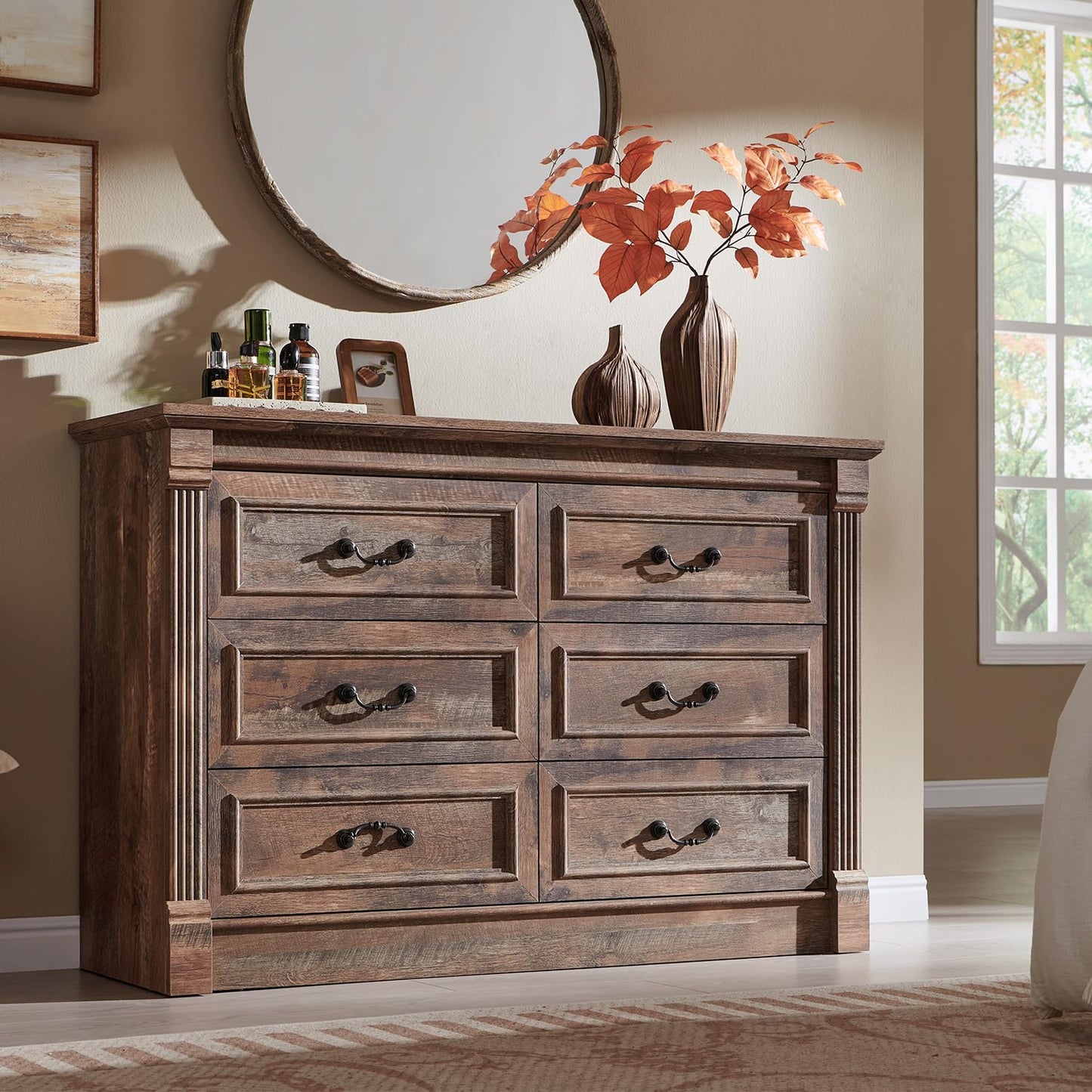 Aitjunz Farmhouse 6 Drawer Dressers for Bedroom, 47'' Wide Dresser & Chests of Drawers w/Roman Columns, Horizontal Wooden TV Stand Dresser w/Metal Handle for Bedroom, Hallway, Living room, Light Brown