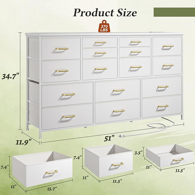 Dresser for Bedroom with 16 Fabric Drawers Long Dresser with Charging Station TV Stand for 60" TV Dressers & Chest of Drawers for Bedroom, Living Room, Closet, White
