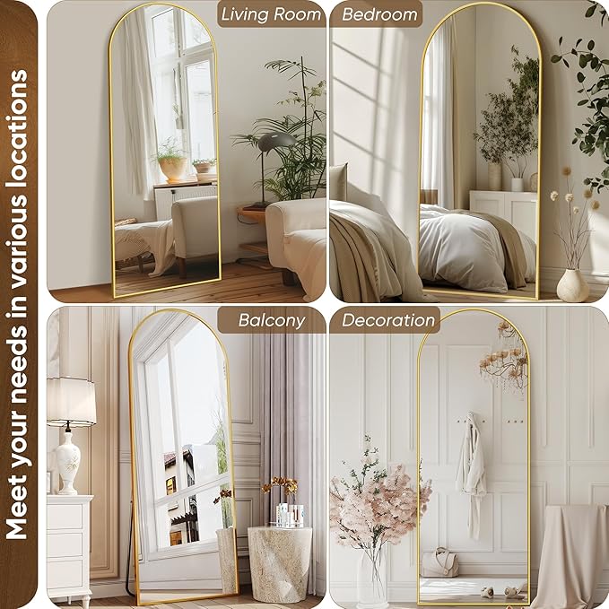 Antok Full Length Mirror, 59"x18.1" Floor Mirror with Stand, Hanging Mounted Mirrors for Bedroom, Living Room, Cloakroom, Dining Room, Gold, Arched