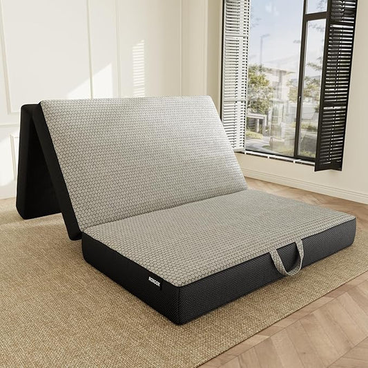 Memory Foam Trifold Mattress - Twin Portable Floor Bed 6 Inch, Foldable Mat with Washable Cover, Handle & Non-Slip Bottom, for RV, Travel, Camping, Yoga, 75"x38"x6"