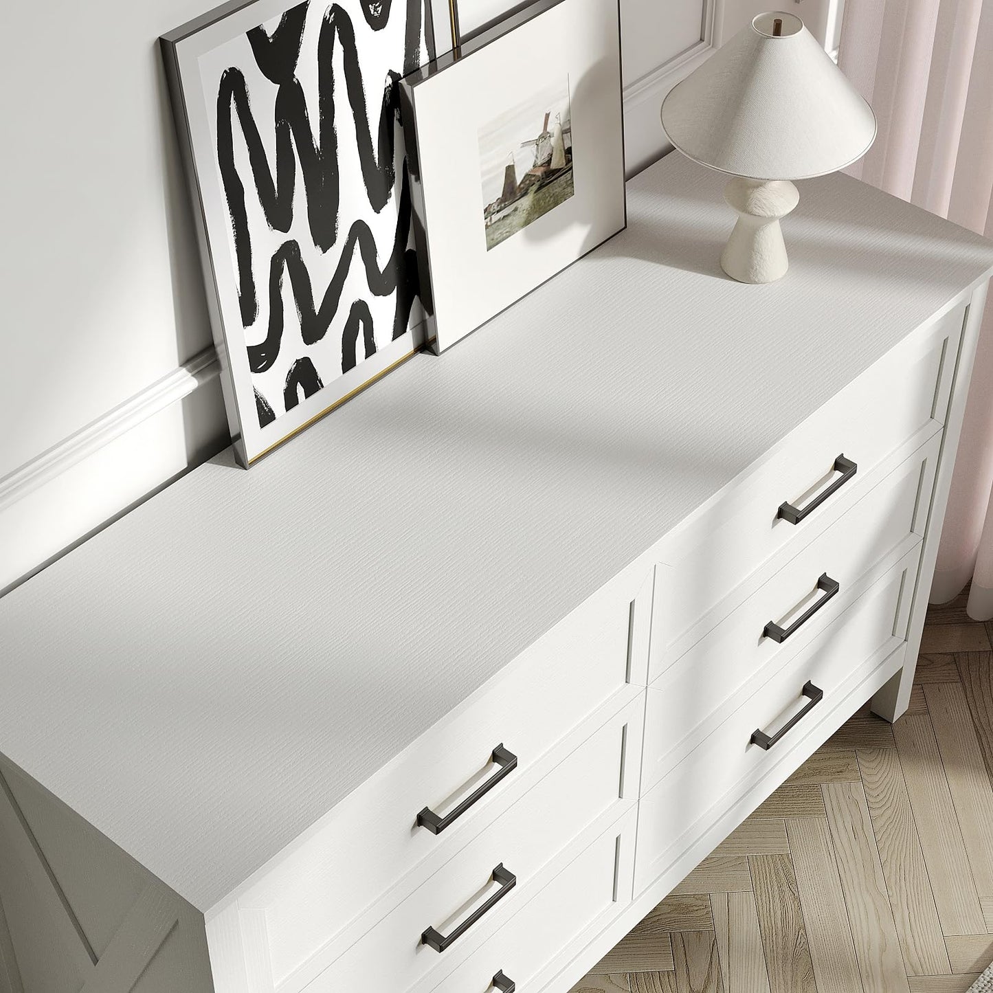BAZELOR Farmhouse White 6 Drawers Dresser for Bedroom, Wood Rustic Wide Chest with Natural Texture, Storage Dressers Organizer for Bedroom, Hallway, Entryway