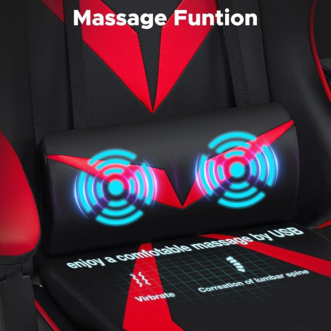 HOFFREE Massage Gaming Chair for Kids Computer Gamer Chair with Footrest and Lumbar Support Reclining PC Game Chair with Headrest for Gaming Room Red and Black
