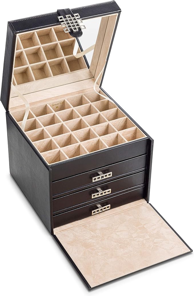 Earring Organizer Holder - 75 Small & 4 Large Slots Classic Jewelry Box with Drawer & Modern Closure, Mirror, 4 Trays Earrings, Ring or Chain Storage - PU Leather Case - Black