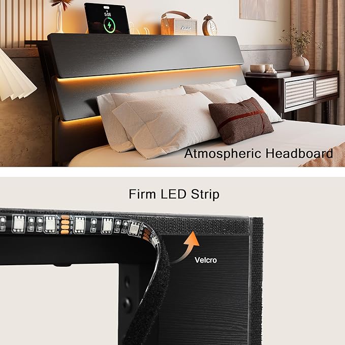 Floating Bed Frame Full Size with Led Headboard and Charging Station, Metal Platform Bed Base with Storage, Remote Control, Heavy Slats Support, No Box Spring Needed, Noise Free, Black