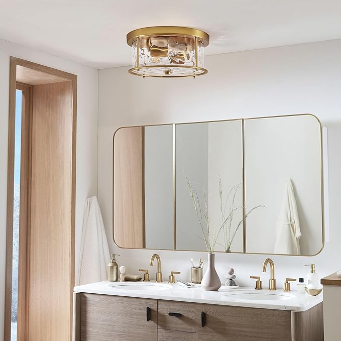 LamQee Flush Mount Ceiling Light with Clear Hammered Glass, Industrial 2-Lights Farmhouse Close to Ceiling Light Fixtures Round Low Profile Lights for Kitchen Hallway Foyer Entrance Bedroom Gold