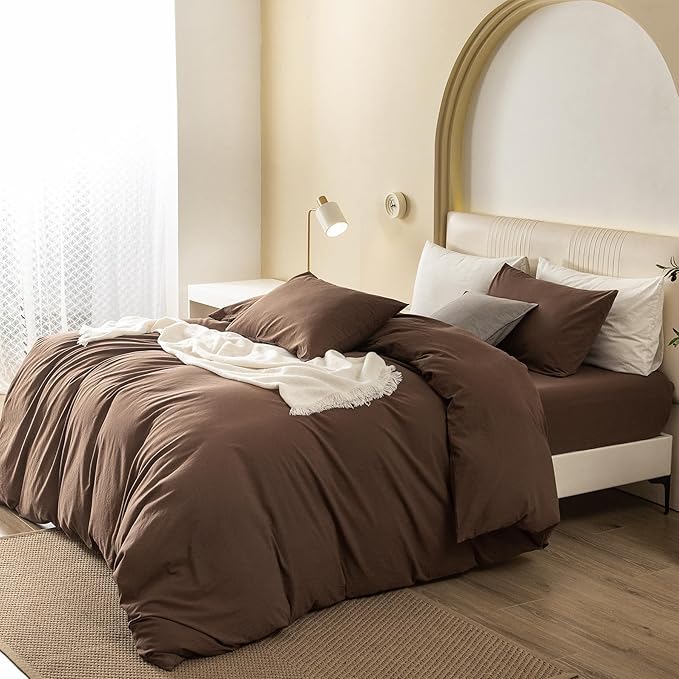 JIYUAN 100% Washed Cotton Duvet Cover Set 3 PCS Super King Plus, 1 Duvet Cover 120x120 Inches(Comforter Not Included) and 2 Pillowcases,Linen Feel Bedding Set Comfy and Breathable,Chocolate Brown