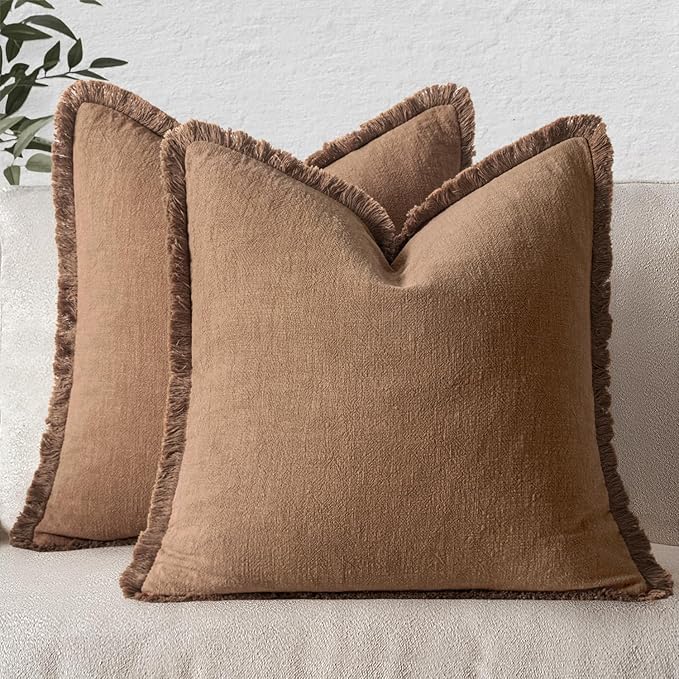MIULEE Decorative Throw Pillow Covers Neutral Linen Fringe Throw Pillows Euro Shams Set of 2 Brown Boho Farmhouse Cushion Covers for Couch Sofa Bed Living Room Spring Home Decor 26x26 Inch