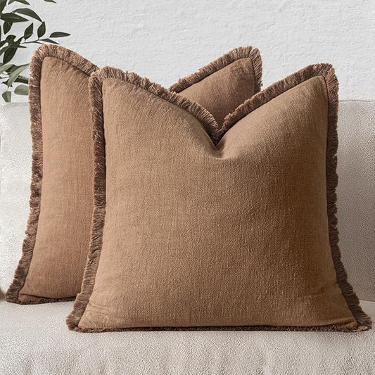 MIULEE Decorative Throw Pillow Covers Neutral Linen Fringe Throw Pillows Euro Shams Set of 2 Brown Boho Farmhouse Cushion Covers for Couch Sofa Bed Living Room Spring Home Decor 26x26 Inch