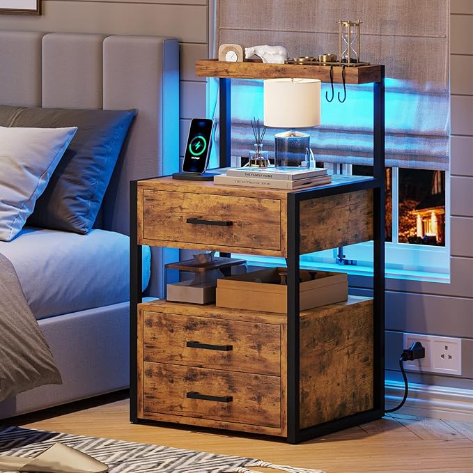Nightstand with Charging Station and LED Lights, LED Night Stand with 2 USB Ports and 2 AC Outlets, Modern End Table with 3 Drawers, Bedside Table with Open Storage for Bedroom, Rustic Brown