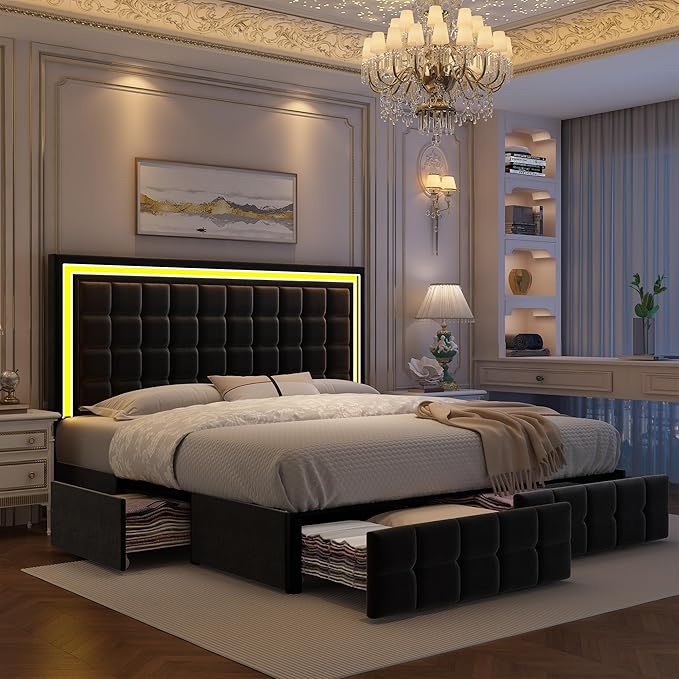 Queen Bed Frame with LED Lights & Storage Drawers, No Box Spring Needed, Heavy Duty 900lbs Weight Capacity, Easy Assembly, Modern Upholstered Platform Bed, Velvet Black