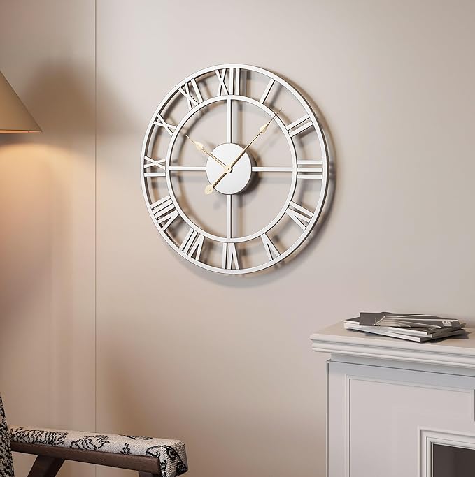 16 inch Wall Clock Silver, Modern Decorative Metal Clock Silent Non Ticking, Battery-Operated Round Clock Roman Numeral Analog for Living Room, Kitchen, Bedroom, Office, Home Decor