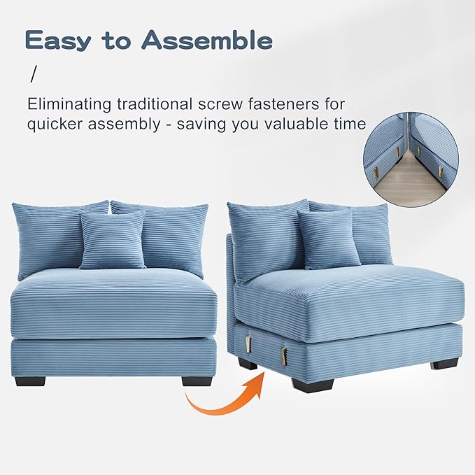 KEIKI 83" Oversized Corduroy Modular Sectional Loveseat Sofa with 2 Ottoman, High-Density Foam Cushion, Extra-Thick Armrest, Modern 2-Seater Fluffy Corner Couch with 6 Pillow, for Living Room, Blue