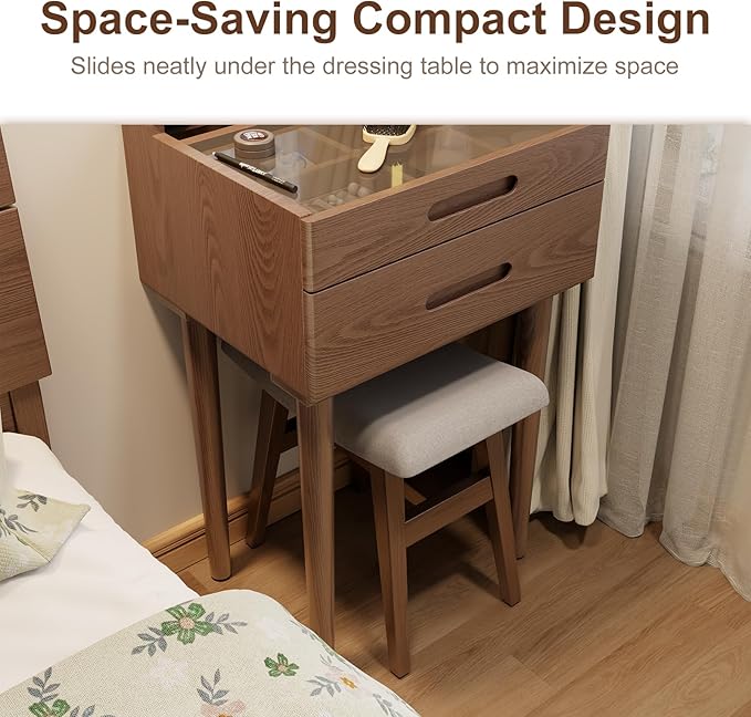 Solid Wood Small Vanity Stool, Compact Makeup Chair with Saddle Cushion, Linen-Covered High Rebound Sponge Seat, Easy Assembly Footstool, Modern Ottoman for Bedroom, Entryway, Home, Walnut