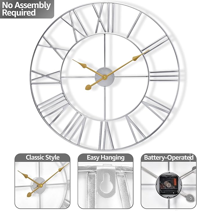 Sorbus Large Wall Clock for Living Room Decor – Easy to Hang 12-Inch Big Wall Clock – Metal Wall Art for Kitchen, Bedroom, Home, Office – Analog Decorative Wall Clock (Silver)