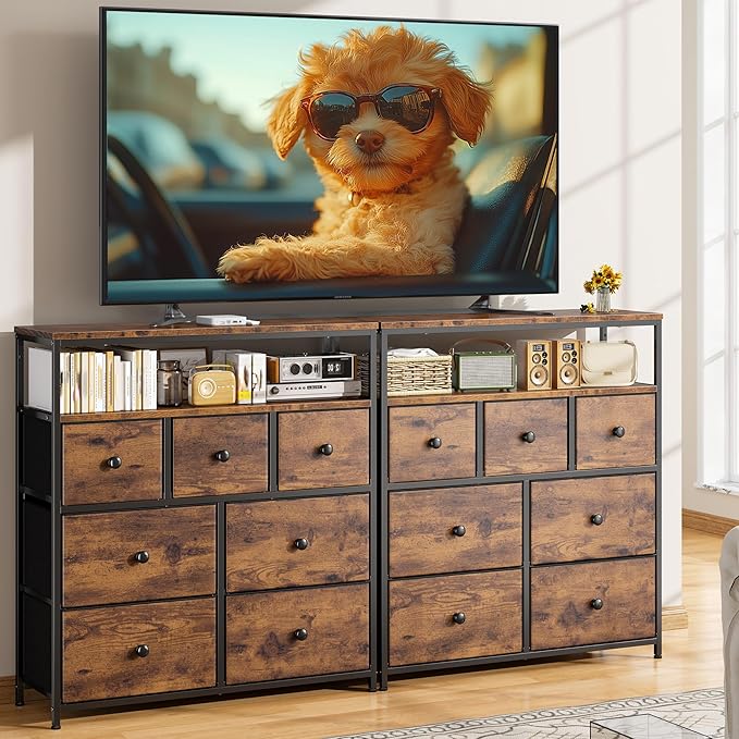 EnHomee Tv Stand for Bedroom with 7 Fabric Dressers and 2 Shelves，Dressers & Chests of Drawers for Closet，Hallway，Entryway，Dormitory，Clothes Storage，Rustic Brown
